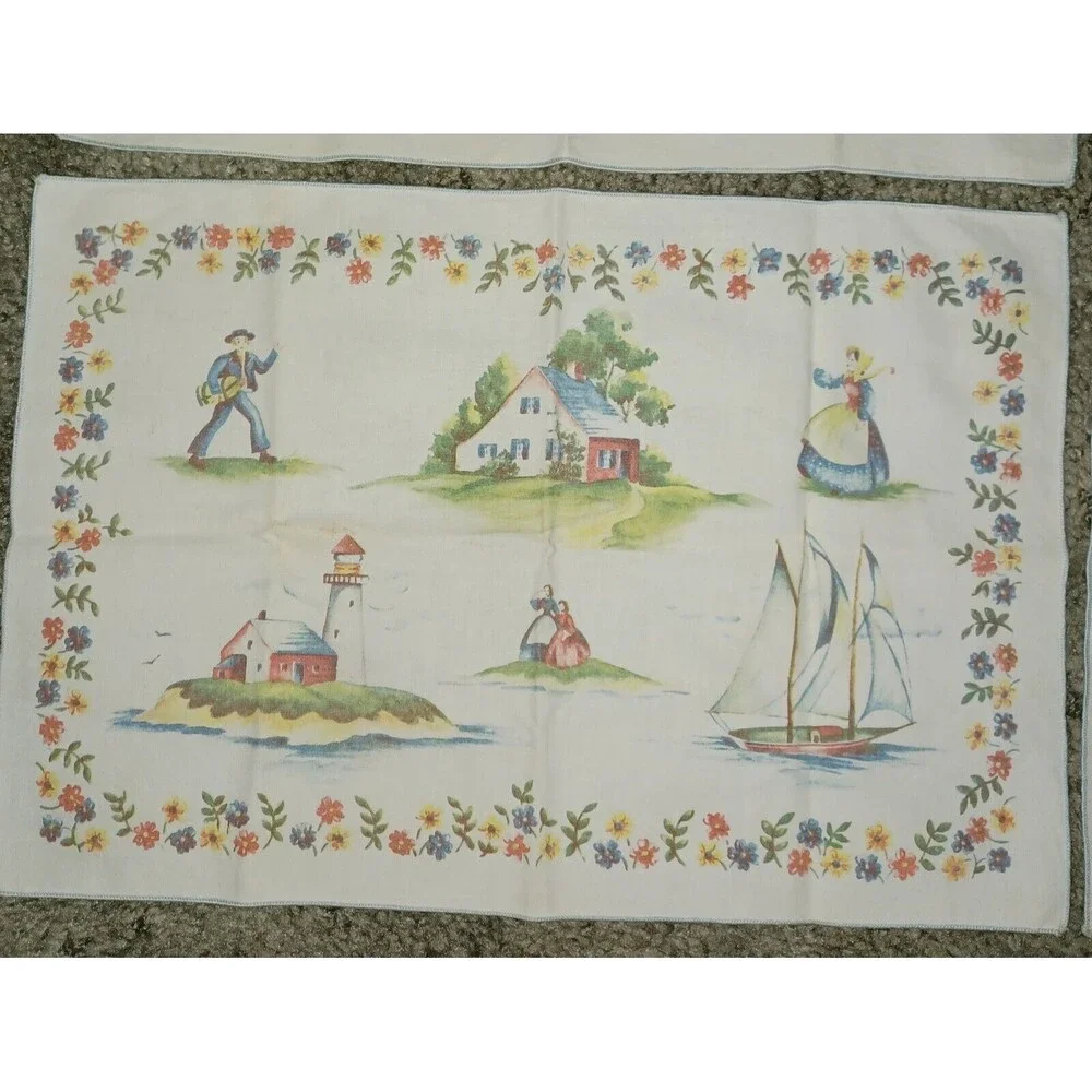 Vintage Cotton Lighthouse Sailboat House 4 Placemats and 4 Napkins Dutch Style